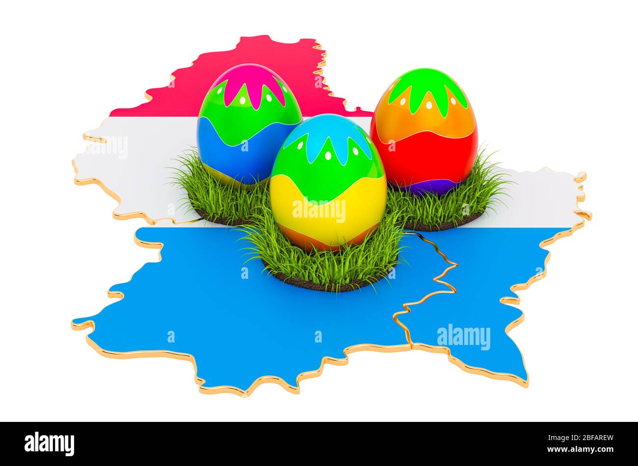 Easter holiday in Luxembourg, Easter eggs on the Luxembourg map. 3D rendering isolated on white 