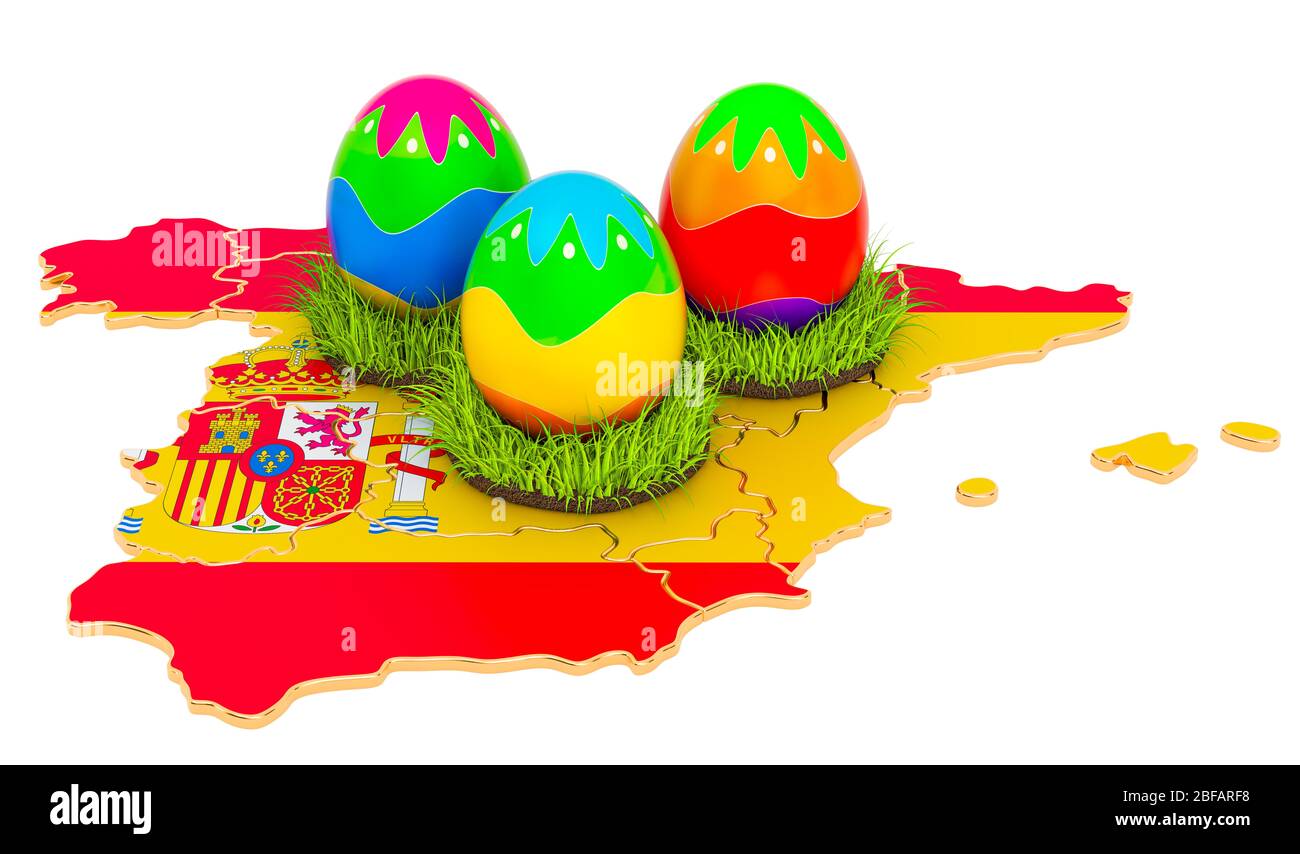 Easter holiday in Spain, Easter eggs on the Spanish map. 3D rendering