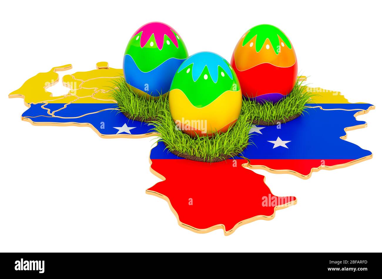 Easter holiday in Venezuela, Easter eggs on the Venezuelan map. 3D