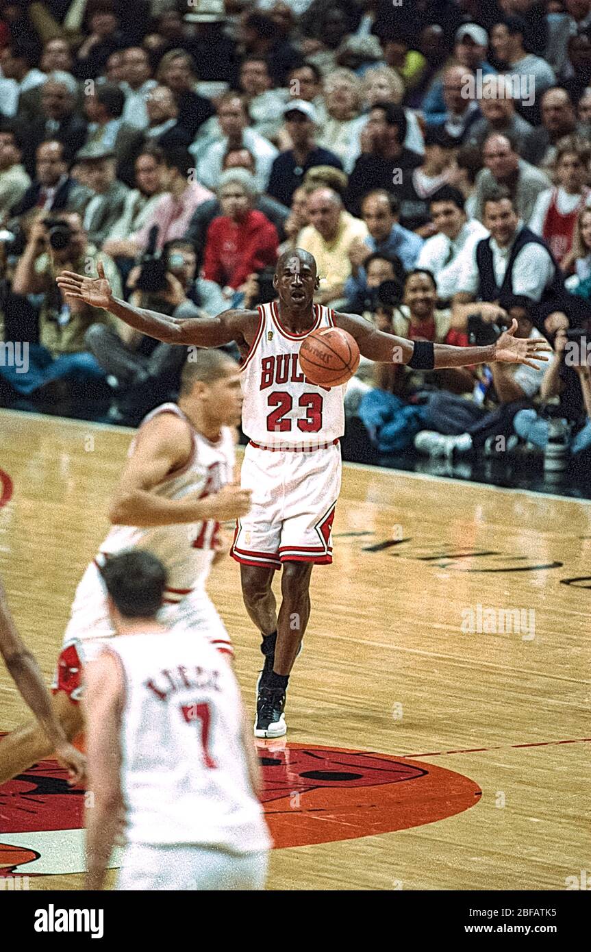 Michael Jordan competing against the Utah Jazz during the 1997 NBA Finals Stock Photo