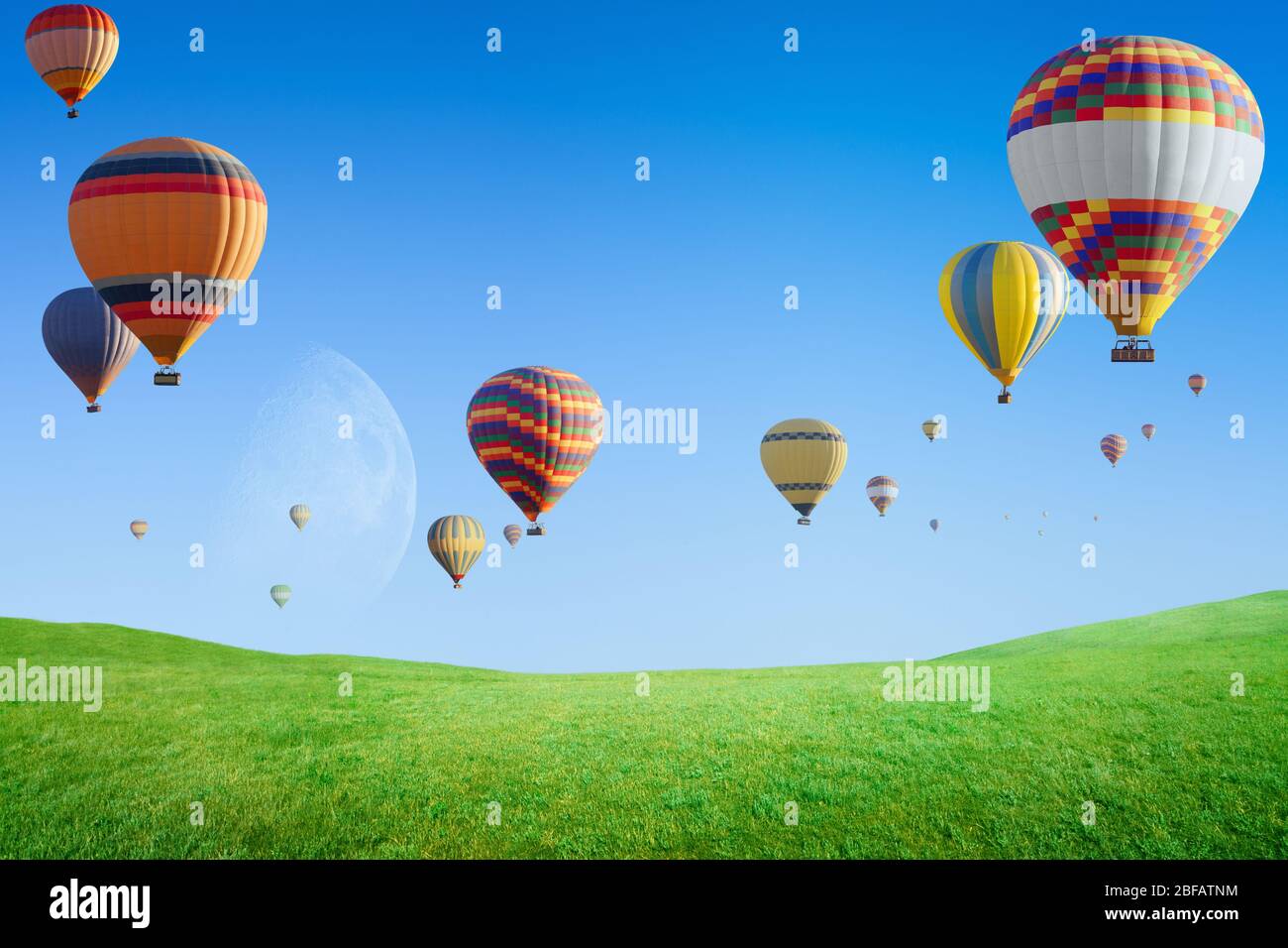 Hot air balloons flying in clear blue sky above green grass field, big ...