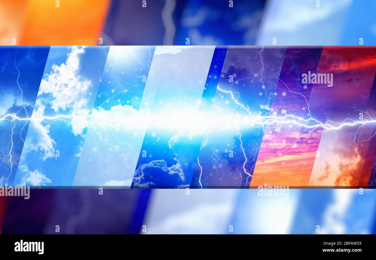 Weather Forecast Concept Background Variety Weather Conditions Bright Sun And Blue Sky Dark Stormy Sky With Lightnings Sunset And Night Stock Photo Alamy