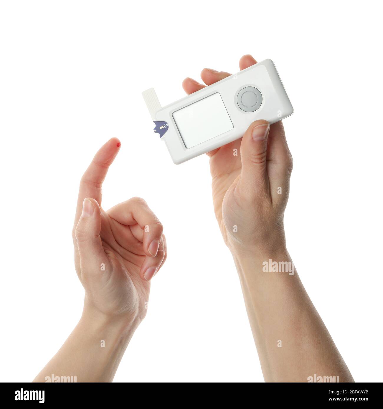 Female checking blood sugar level, isolated on white background Stock