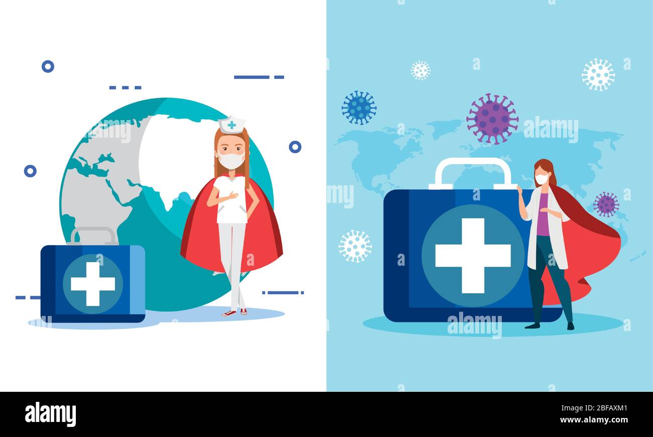 set banner of super nurse and doctor female with hero cloak and icons ...