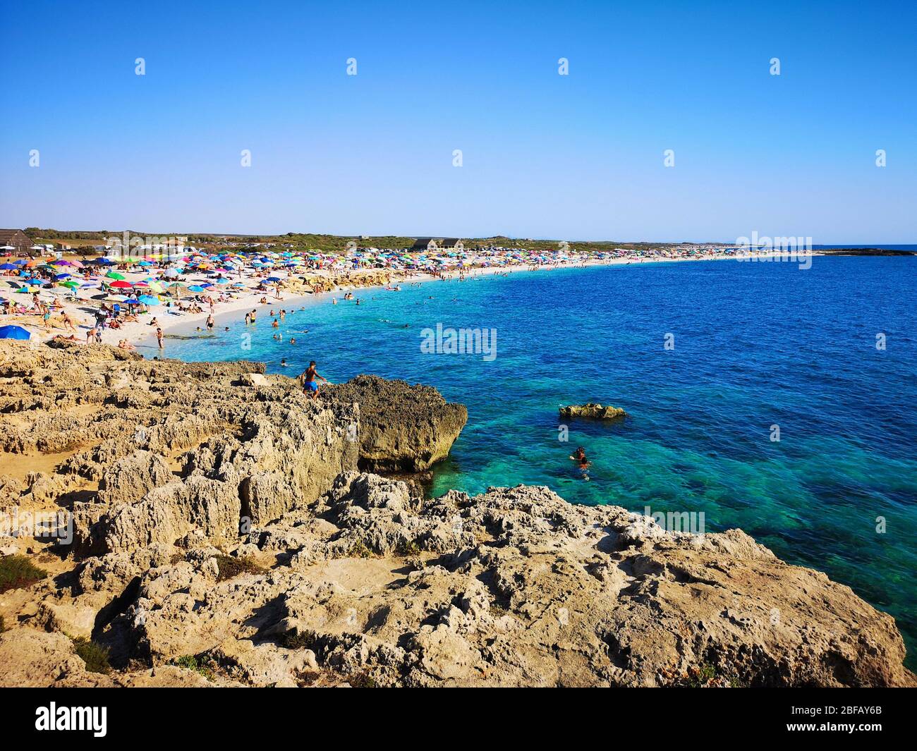 Villasimius, Italy - August 14, 2017: Transparent and turquoise sea in Villasimius. Sardinia, Italy. Stock Photo