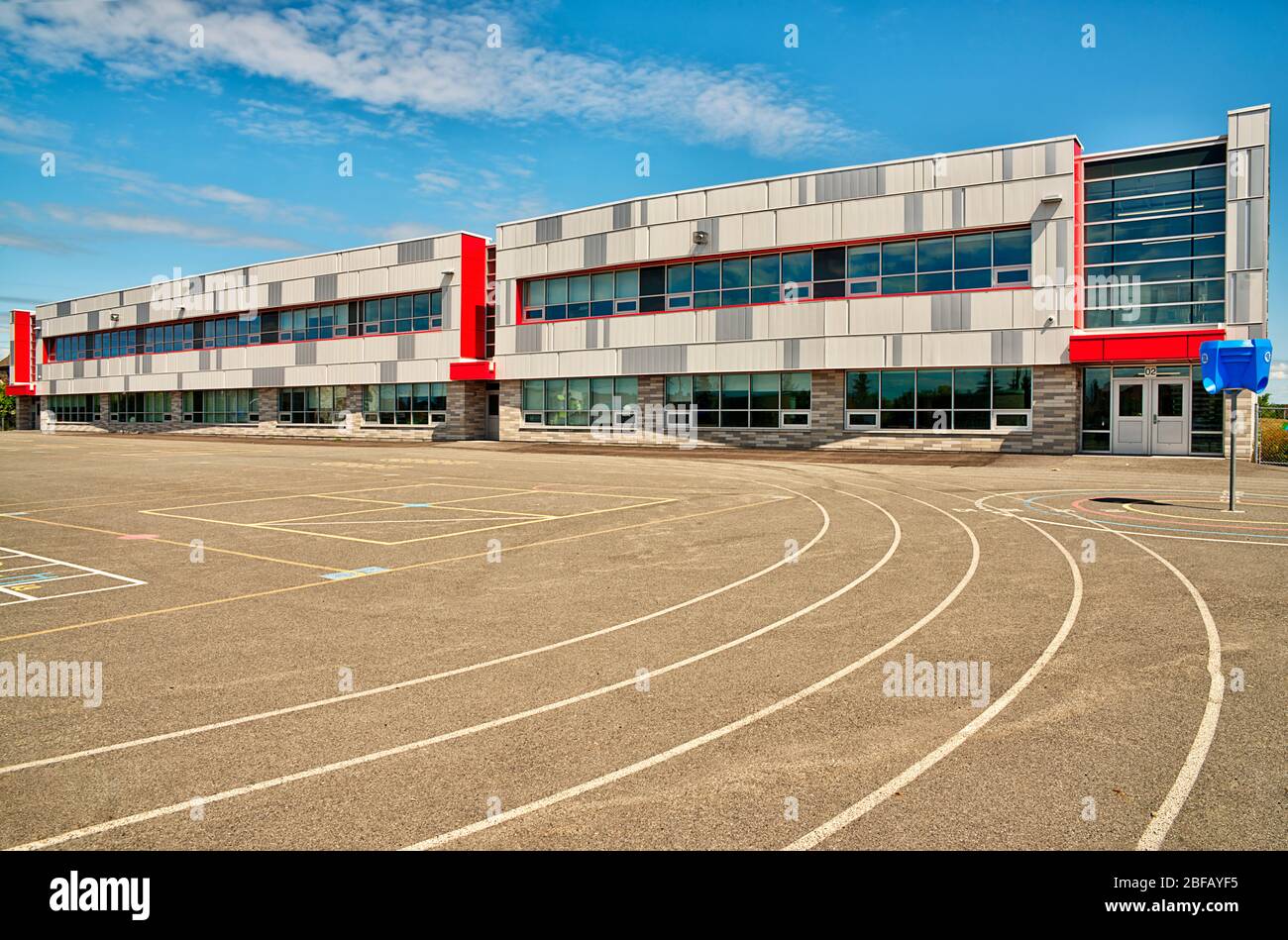 Elementary school building backside, a sunny spring day. Stock Photo