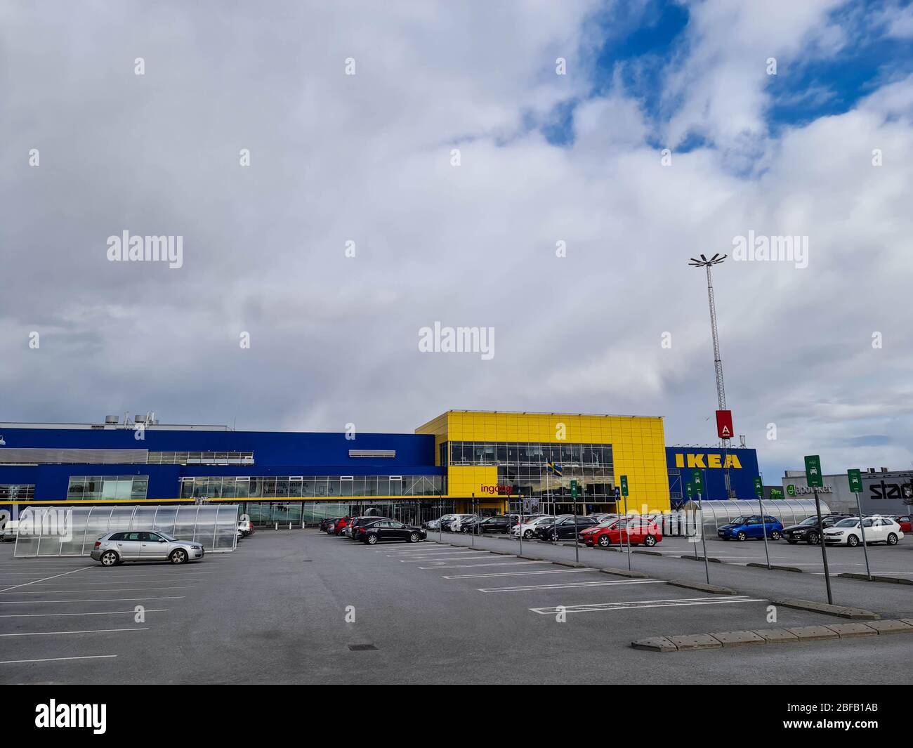 Beautiful landscape view of car parking of IKEA warehouse. Europe