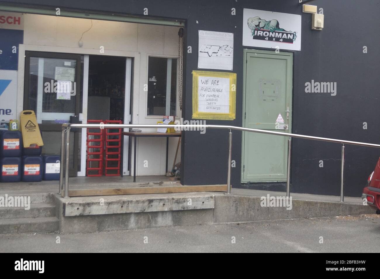 GREYMOUTH, NEW ZEALAND, APRIL 11, 2020 Its door barred with a car ramp