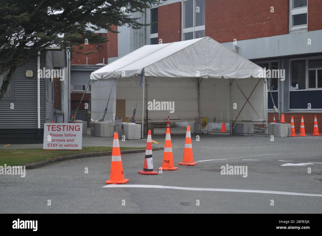 GREYMOUTH, NEW ZEALAND; APRIL 11, 2020: The Covid 19 testing station at Greymouth Base Hospital during the level 4 lockdown in New Zealand, April 11,  2020 Stock Photo