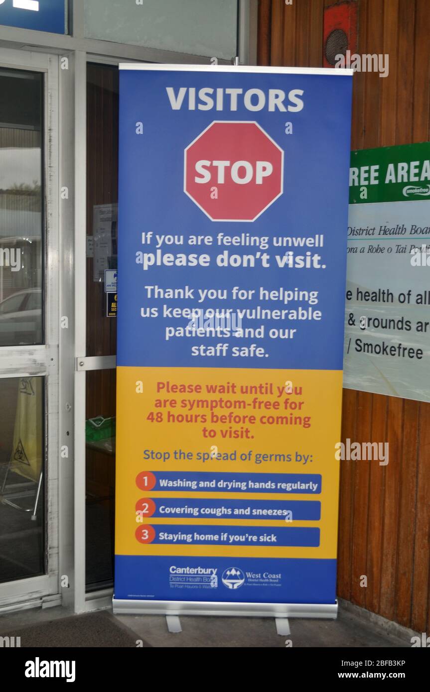 GREYMOUTH, NEW ZEALAND; APRIL 11, 2020: Signage restricts visitors to the Greymouth Base Hospital during the level 4 lockdown in New Zealand, April 11,  2020 Stock Photo