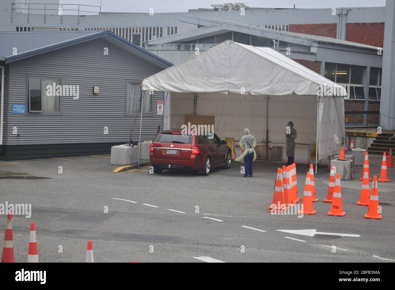 GREYMOUTH, NEW ZEALAND; APRIL 11, 2020: A vehicle visits the Covid 19 testing station at Greymouth Base Hospital during the level 4 lockdown in New Zealand, April 11,  2020 Stock Photo