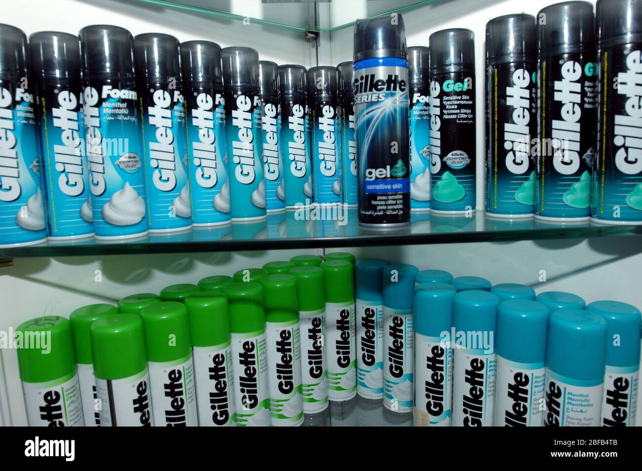 Cans of Gillette shaving gel on a shelf Stock Photo Alamy