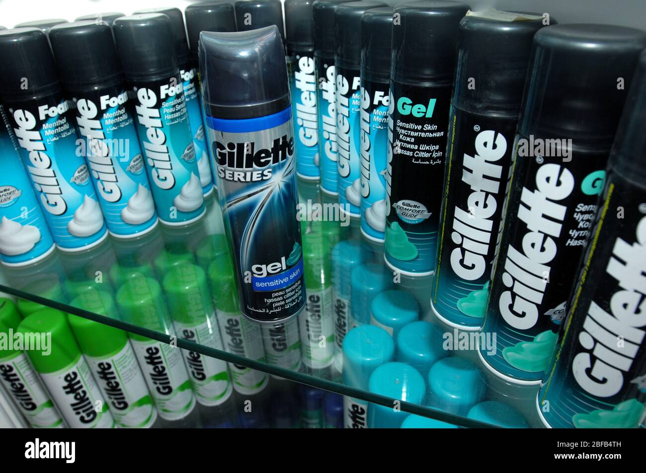 Cans of Gillette shaving gel on a shelf Stock Photo Alamy