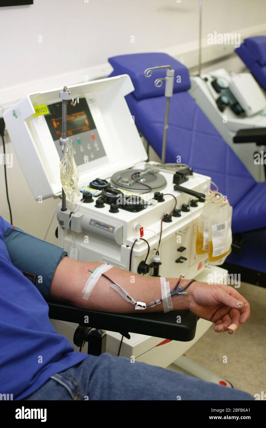 The Haemonetics MCS. This machine collects whole blood from a healthy donor and then separates it into its component parts through centrifugal force. Stock Photo