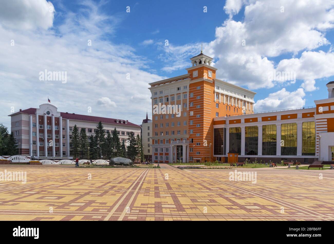 The Supreme court building in the distance on a beautiful square, in Mordovia, Saransk July 18, 2013 Stock Photo