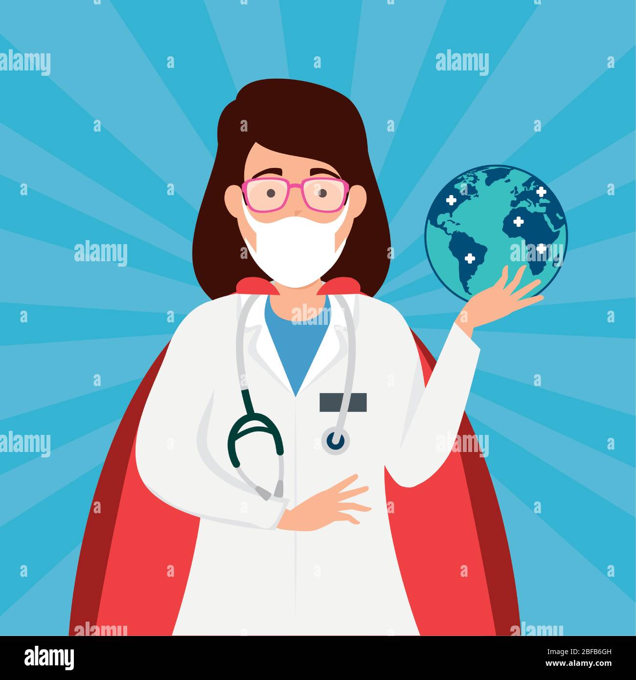 super doctor female with hero cloak and world planet Stock Vector Image ...