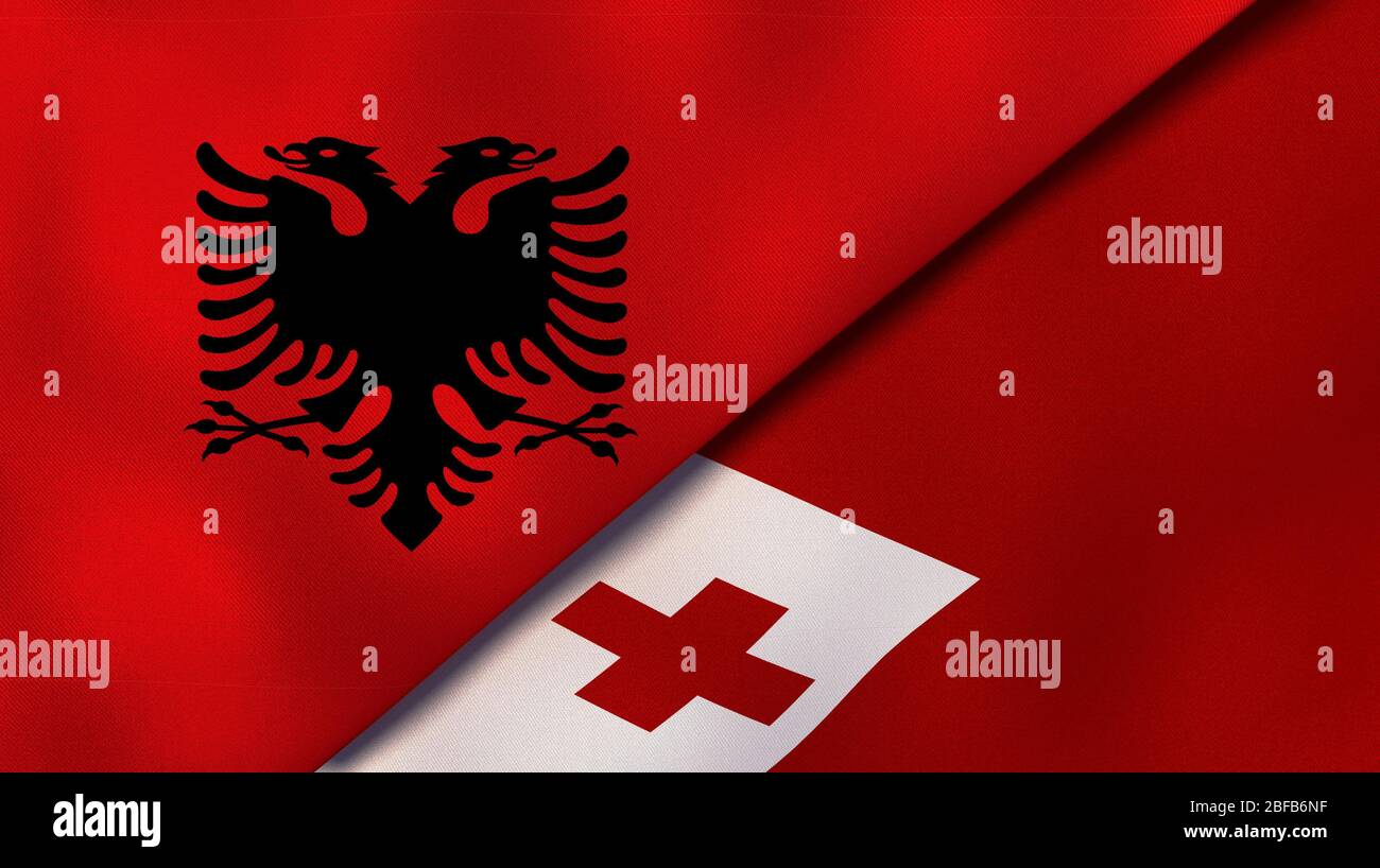 Two states flags of Albania and Tonga. High quality business background. 3d illustration Stock Photo