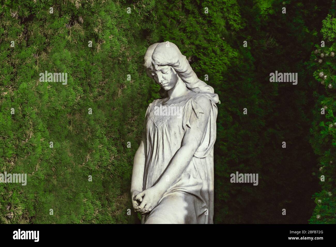 sculpture of saint woman against green thuja in an old cemetery. stoned