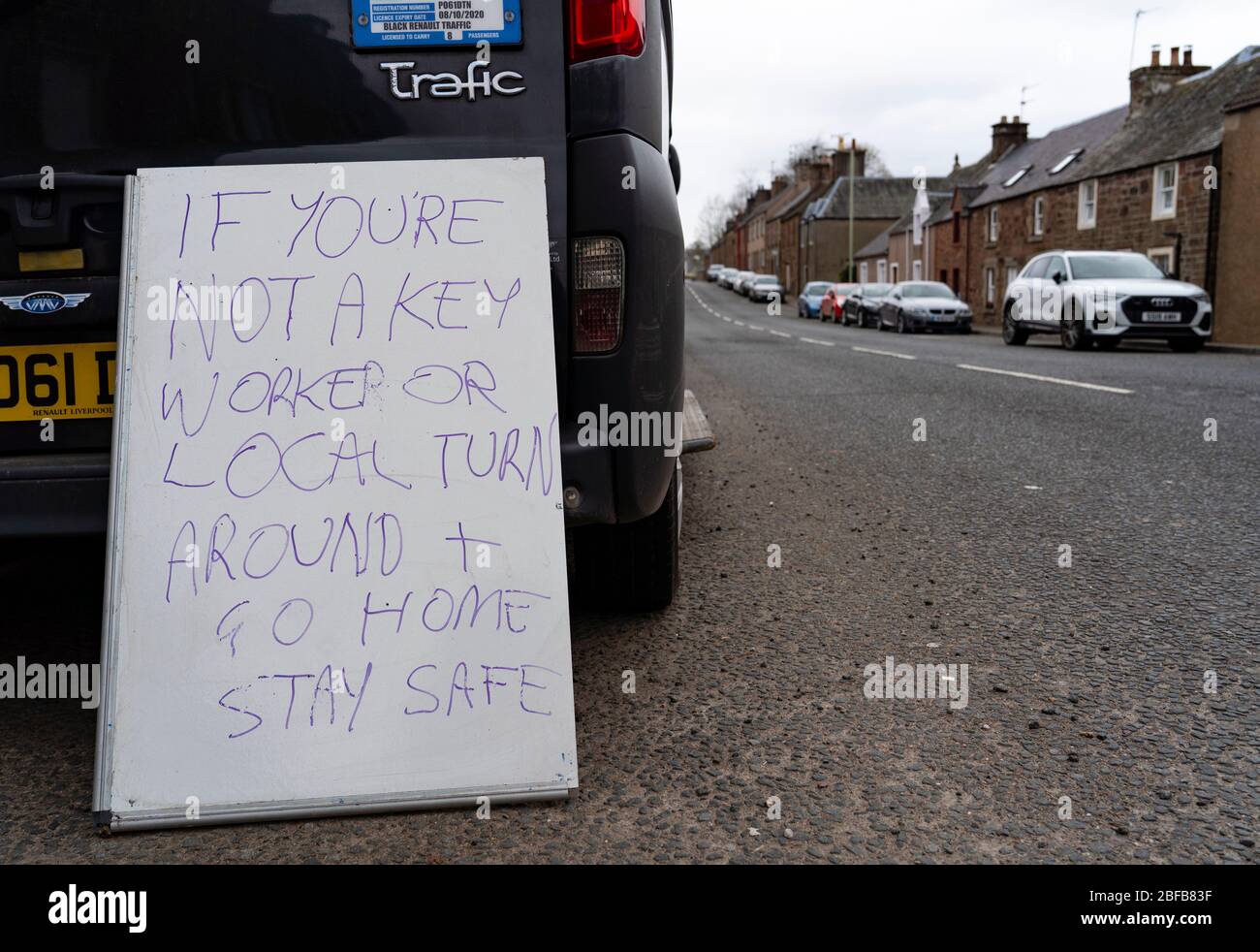 Sign warning off non residents during coronavirus lockdown in village of Muthill ,  Perth and Kinross, Perthshire, Scotland, UK Stock Photo