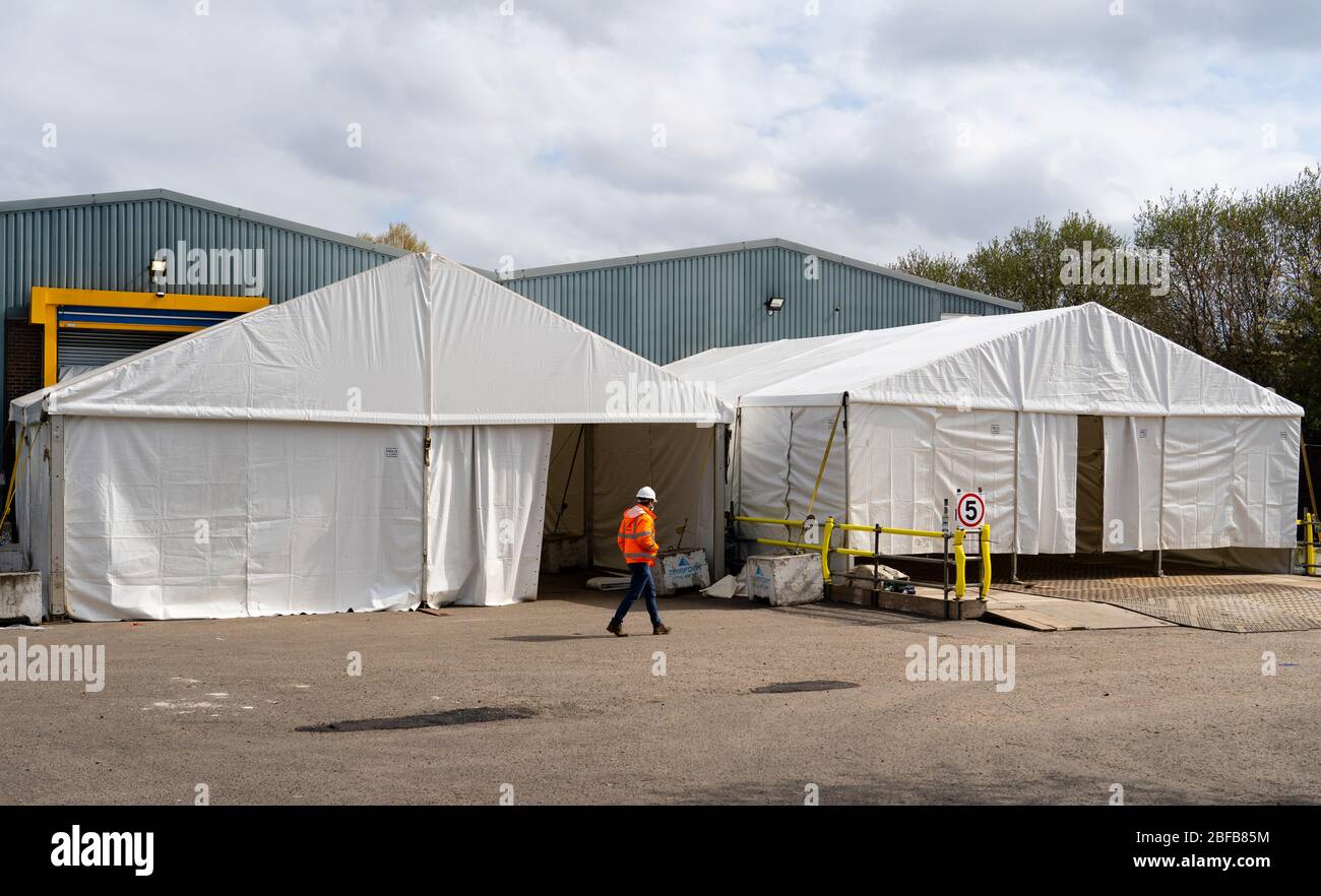 Temporary mortuary for Coronavirus pandemic under construction in Hillington Business park in Glasgow, Scotland, UK Stock Photo