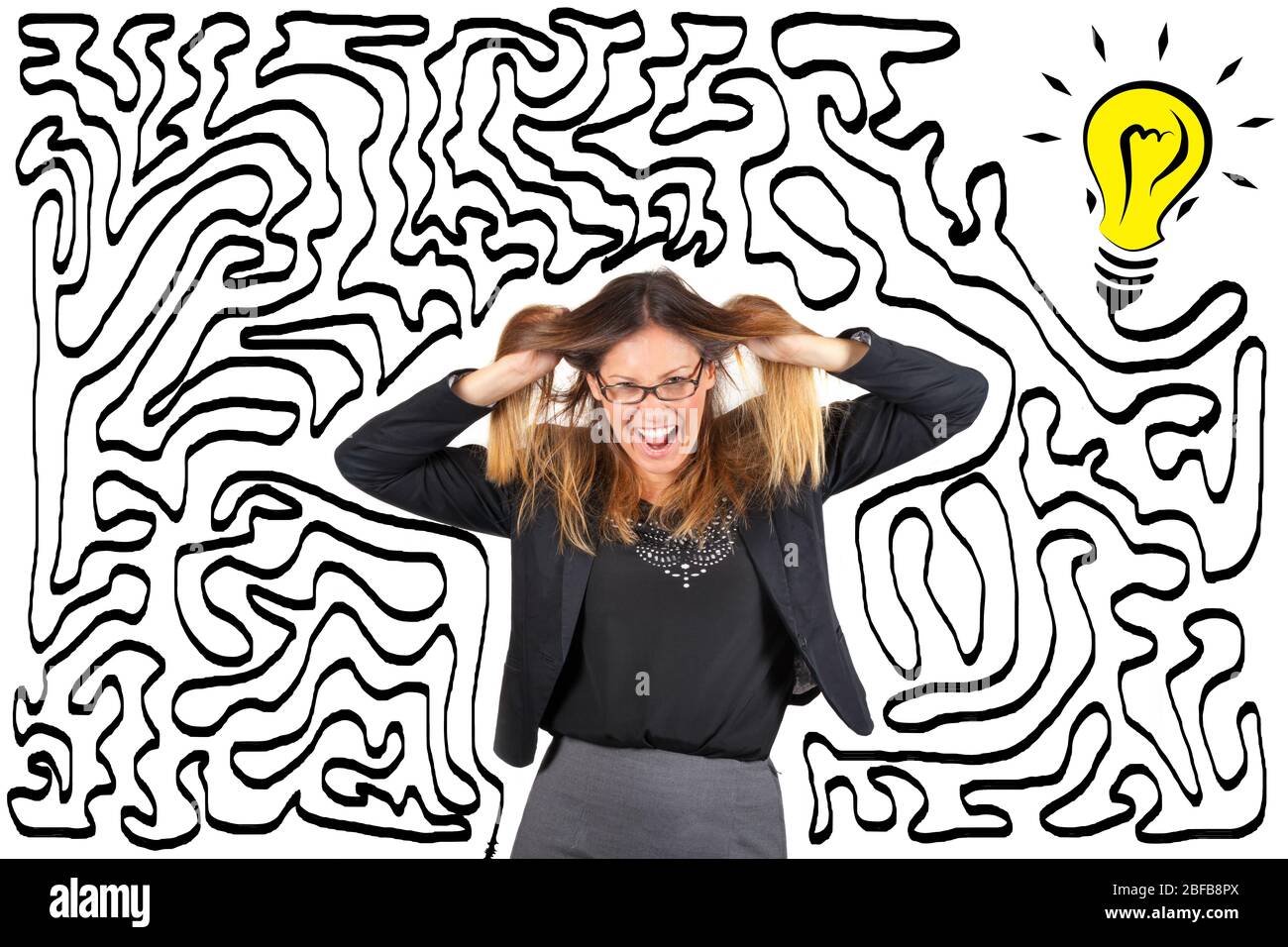 Stressed woman pulling hair on maze that reaches a bulb. Solution. A long maze leads to the