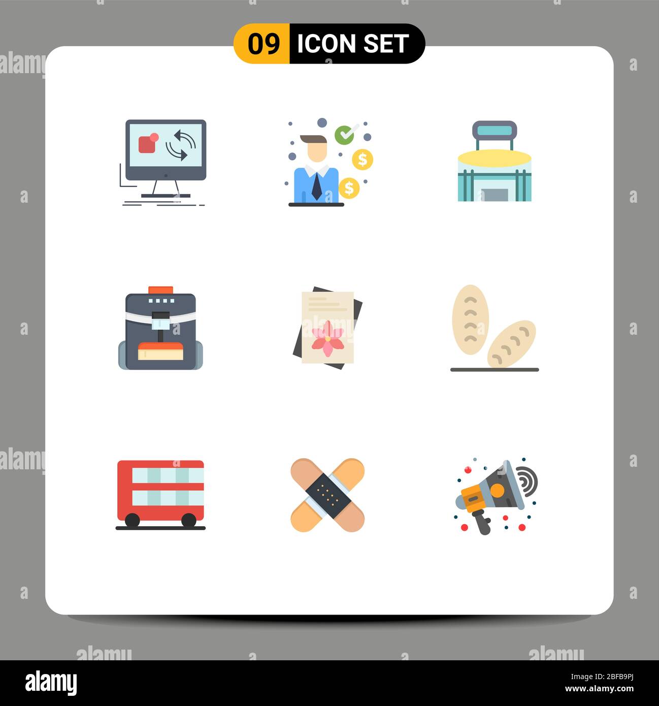 Modern Set of 9 Flat Colors and symbols such as service, backbag, finance, bag, sport Editable Vector Design Elements Stock Vector
