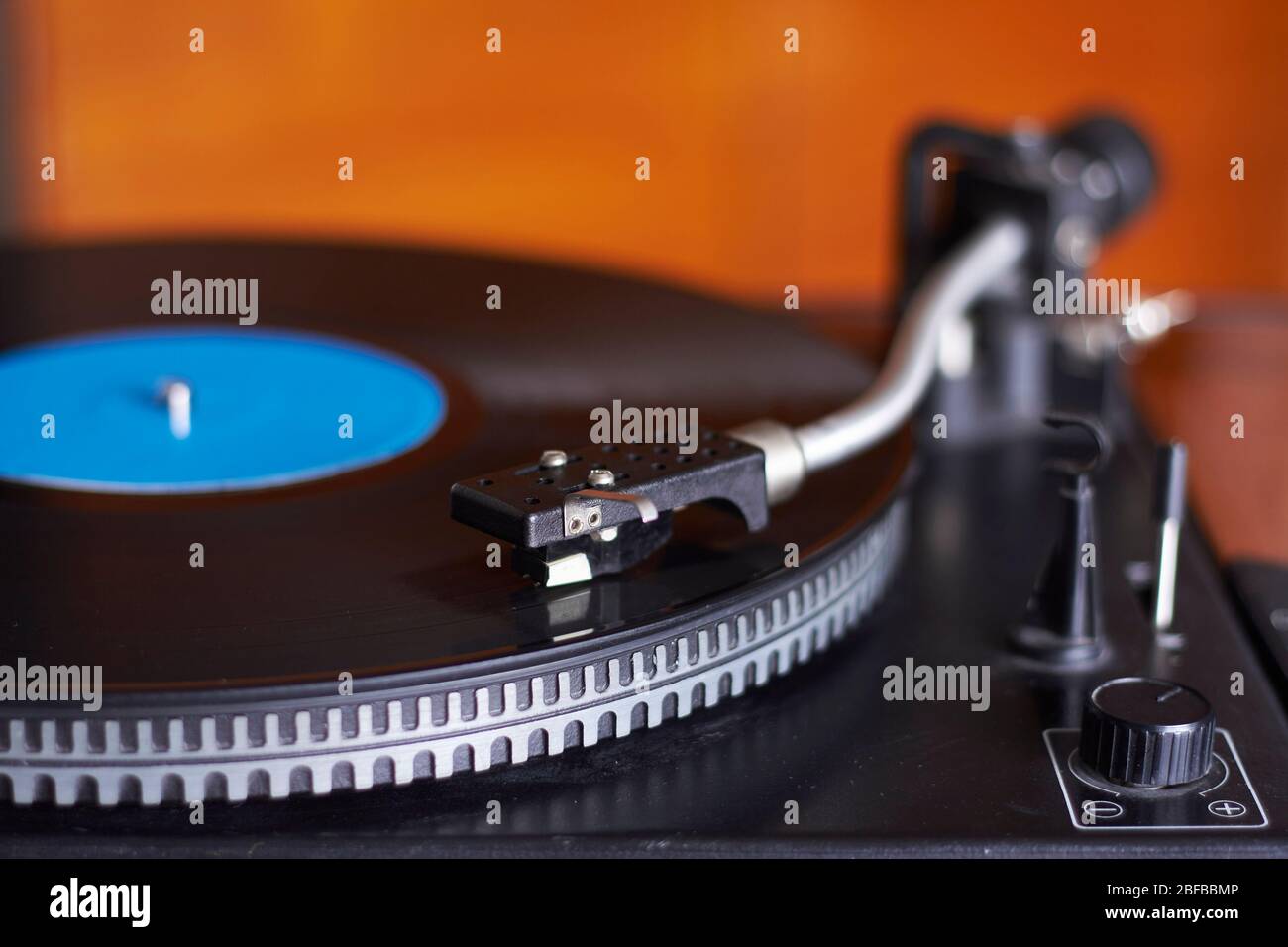 Extreme Close Up Of Blue Music Record On Turntable Turntable Needle Playing Music Selective Focus Stock Photo Alamy