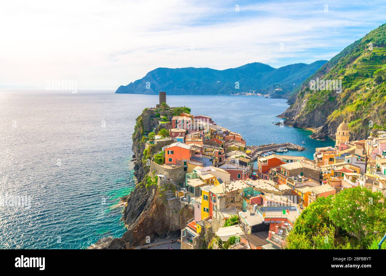 Top aerial view of Vernazza typical village with colorful buildings