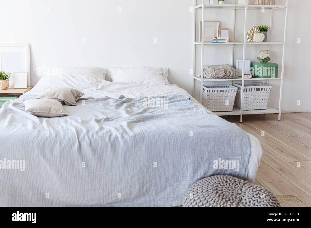 Stylish Loft Bedroom Interior Spacious Design Apartment With Light Walls Large Windows Big Bed Clean Modern Decoration With Elegant Furniture In Minimalist Scandinavian Style Stock Photo Alamy