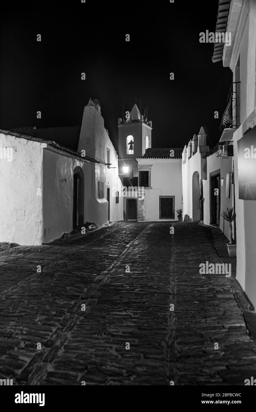 Monsaraz at night in black and white, Alentejo, Portugal Stock Photo
