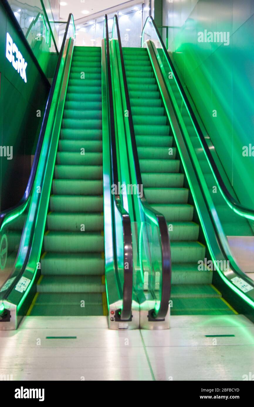 Two empty escalator stairs are illuminated with green light. Descent and ascent. Deserted