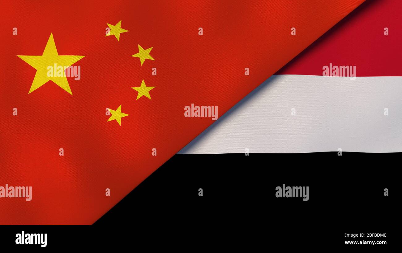 Two states flags of China and Yemen. High quality business background. 3d illustration Stock