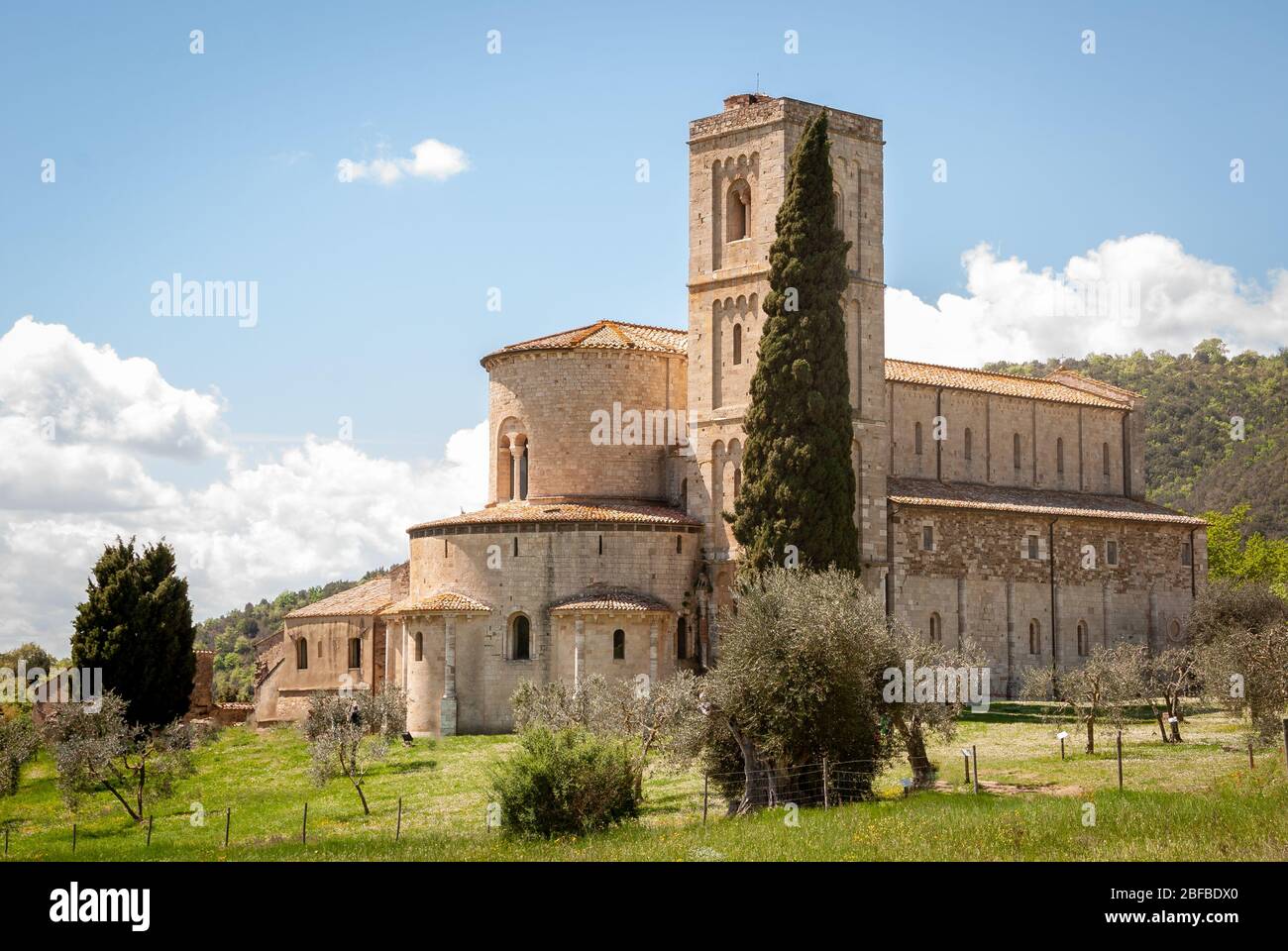 Medieval church of the Abbey of Sant'Antimo near Montalcino in the region of Tuscany, Italy Stock Photo