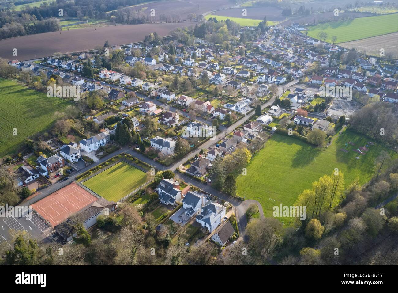 Brookfield countryside rural village aerial view from above in Renfrewshire Scotland Stock Photo
