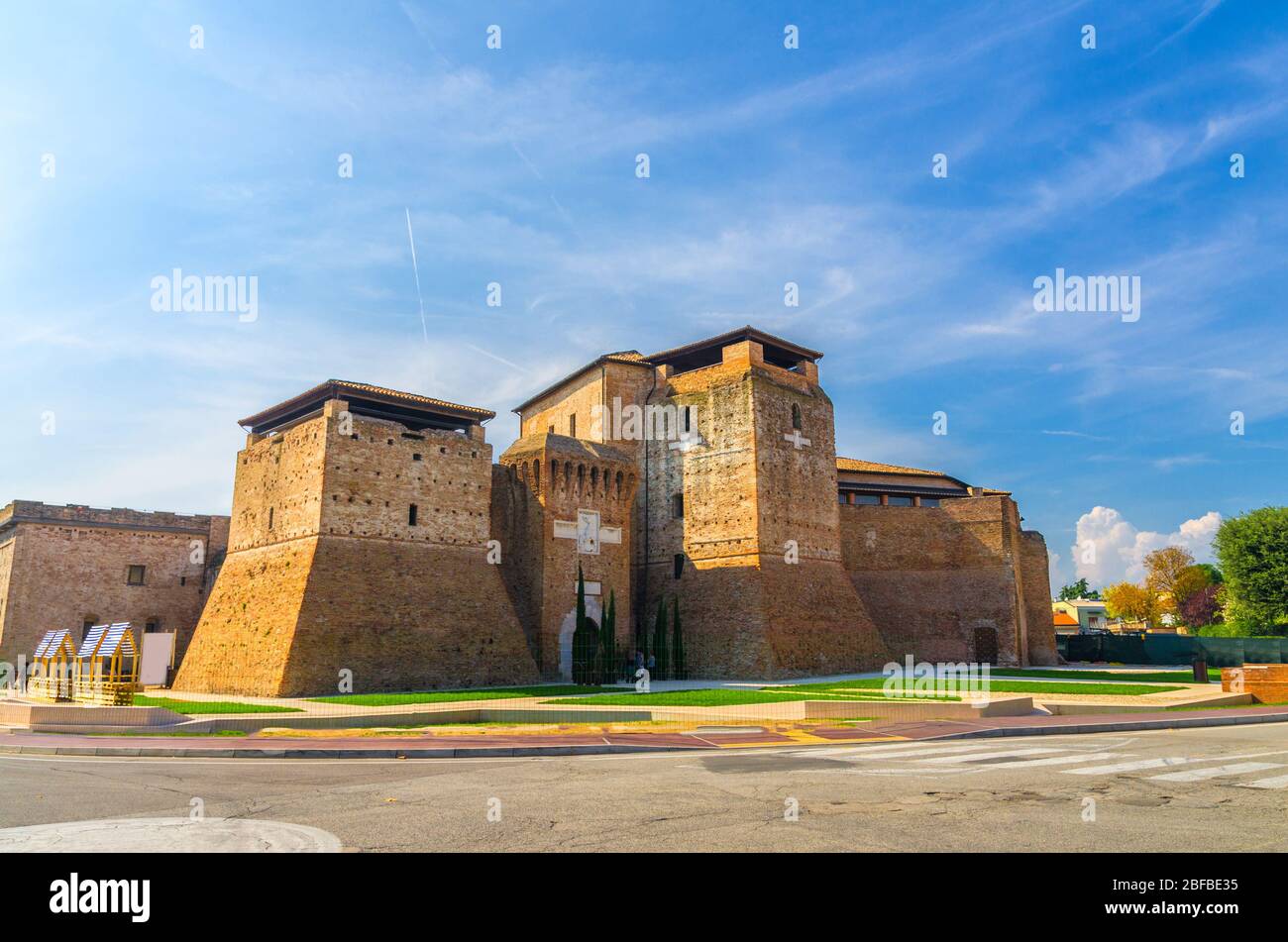 Castel Sismondo brick castle with tower on Piazza Malatesta square in ...