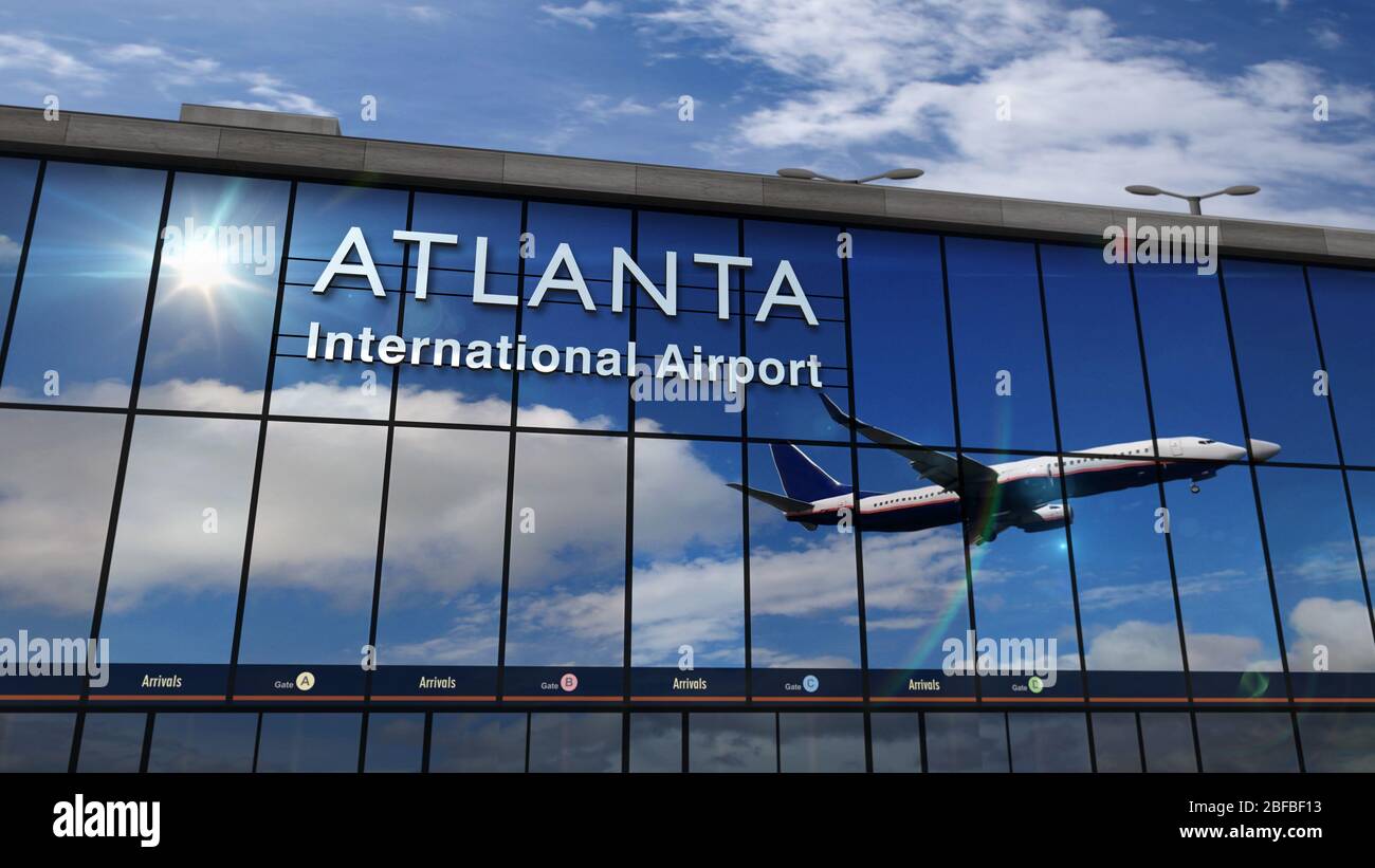 Jet aircraft landing at Atlanta, Georgia, USA 3D rendering illustration. Arrival in the city with the glass airport terminal and reflection of the pla Stock Photo