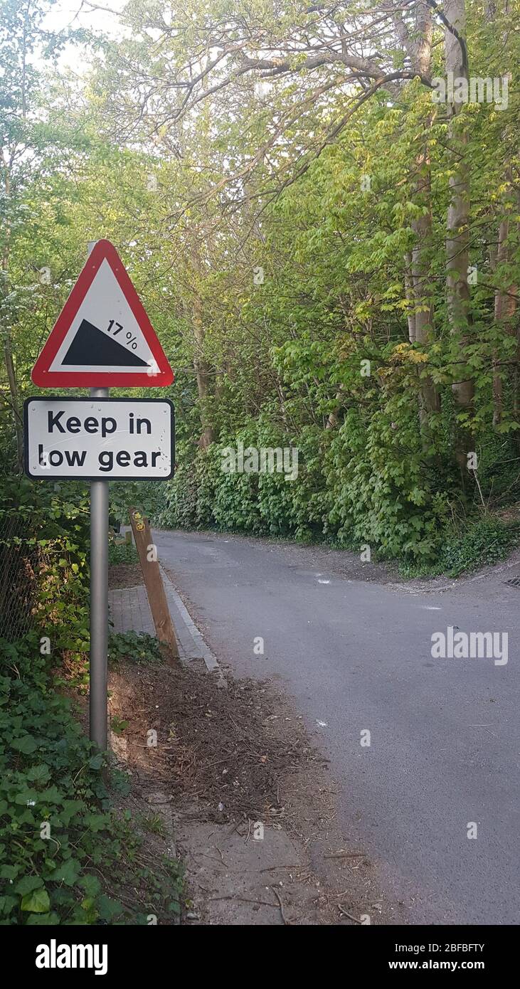 Keep in low gear uk road sign Stock Photo Alamy