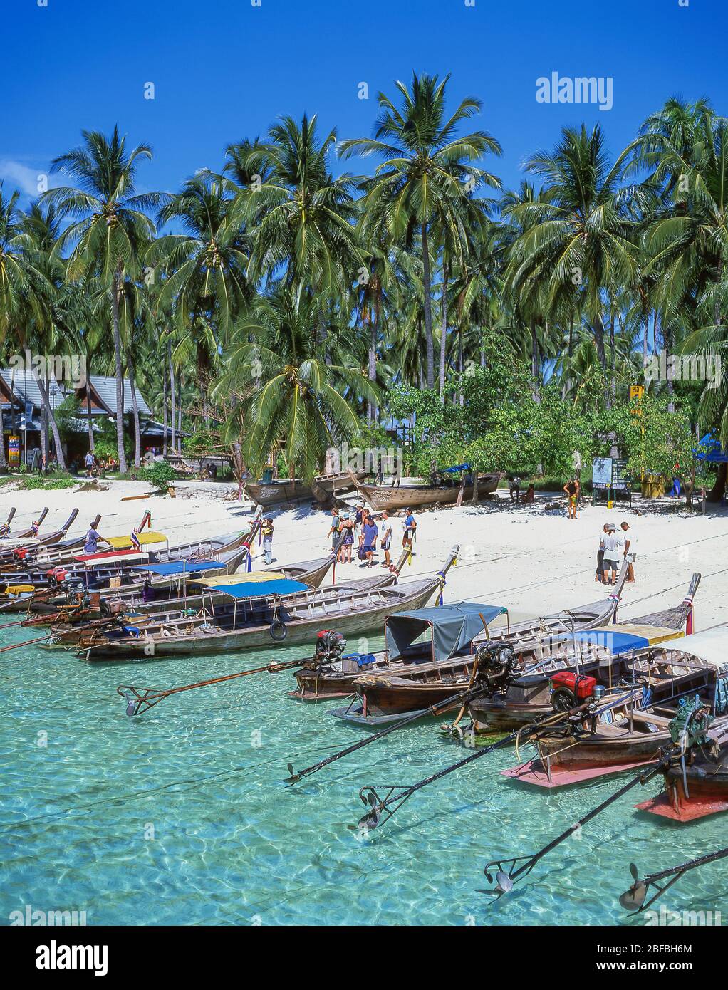 Long-tail boats on beach, Ko Phi-Phi Don, Phi Phi Islands, Krabi Province, Thailand Stock Photo