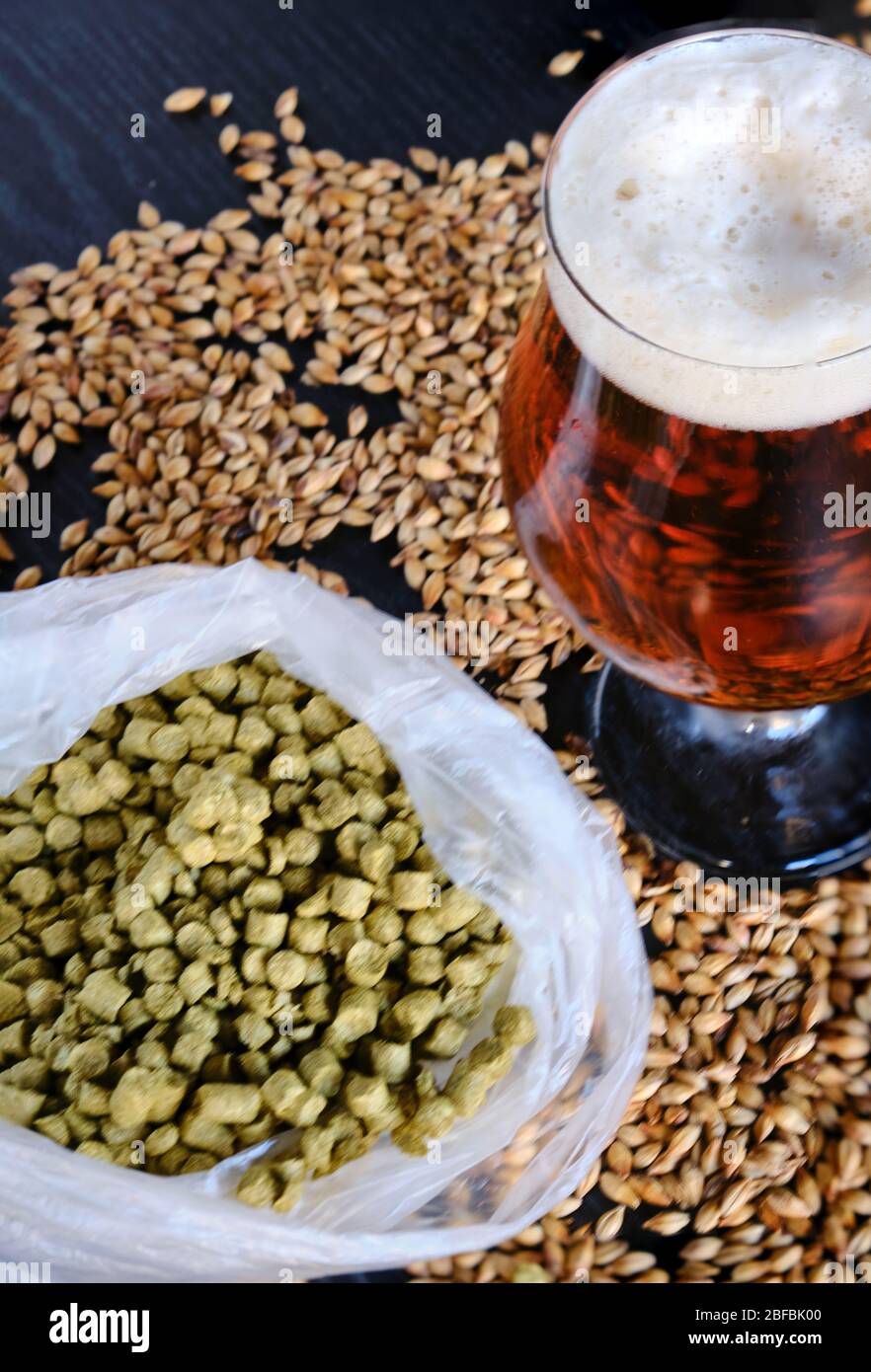 Beer Tower With Hop Malt And Wheat On Wood Background Stock Photo