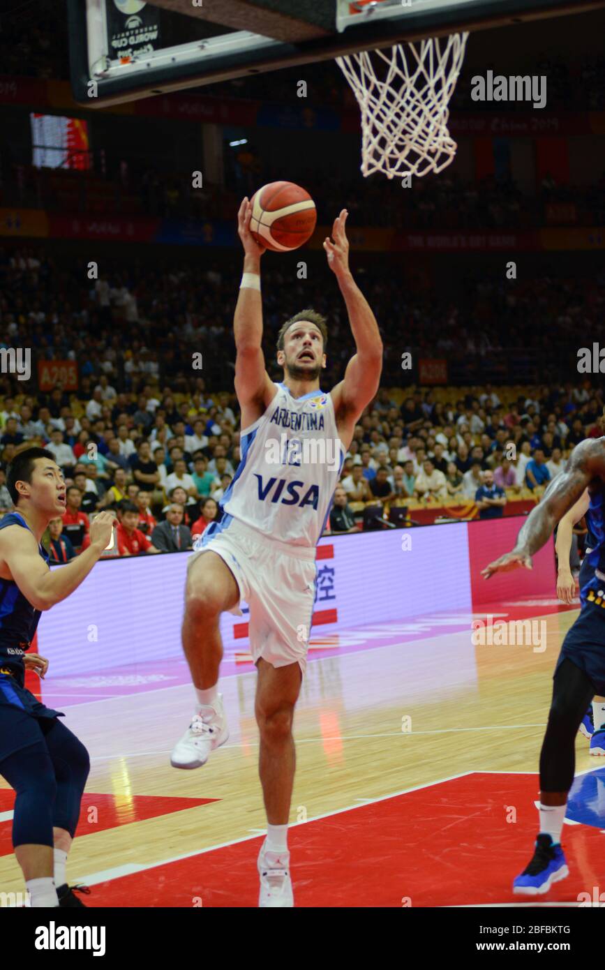 Marcos Delía (Argentina) scoring in the paint. Argentina - South Korea. FIBA Basketball World Cup China 2019. First Round Stock Photo