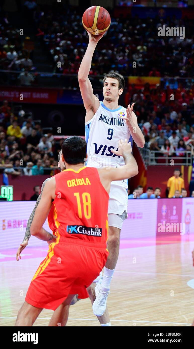 Nicolás Brussino (Argentina) scoring vs. Spain. FIBA Basketball World Cup China 2019, Final game Stock Photo