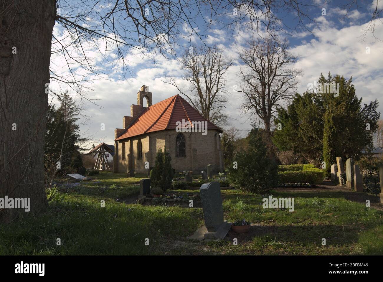 Small cemetery chapel in Stahlbrode in northern Germany. Stock Photo