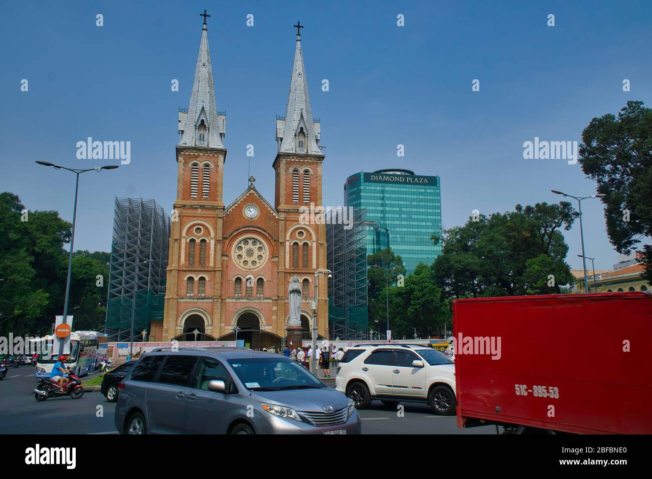 A view of Notre Dame cathedral built by french in the city of Saigon also known as Ho Chi Minh City in Vietnam Stock Photo