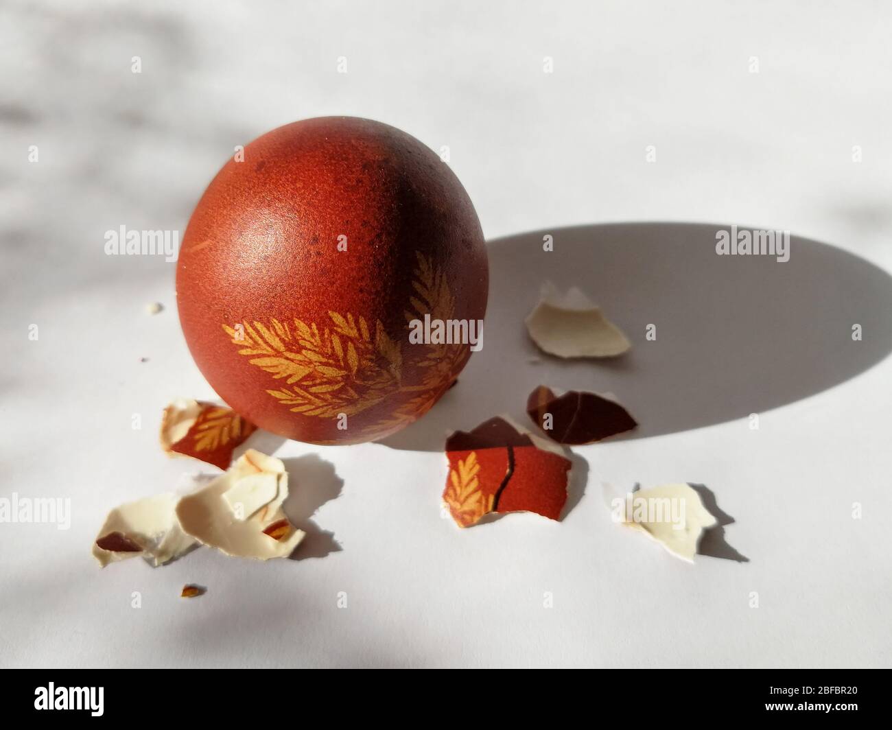 Broken eggshell painted Easter egg isolated on the white background Stock Photo