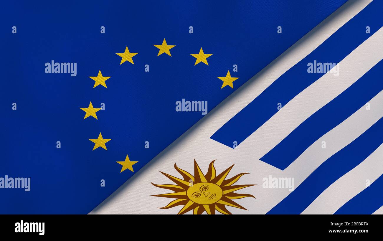 Two states flags of European Union and Uruguay. High quality business background. 3d illustration Stock Photo