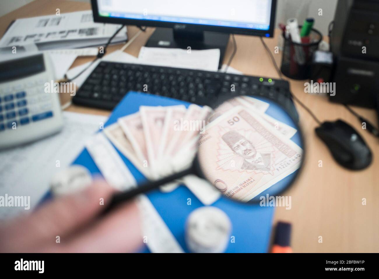 Bosnian money, tax, corruption, bills, revision, money fraud. Stock Photo