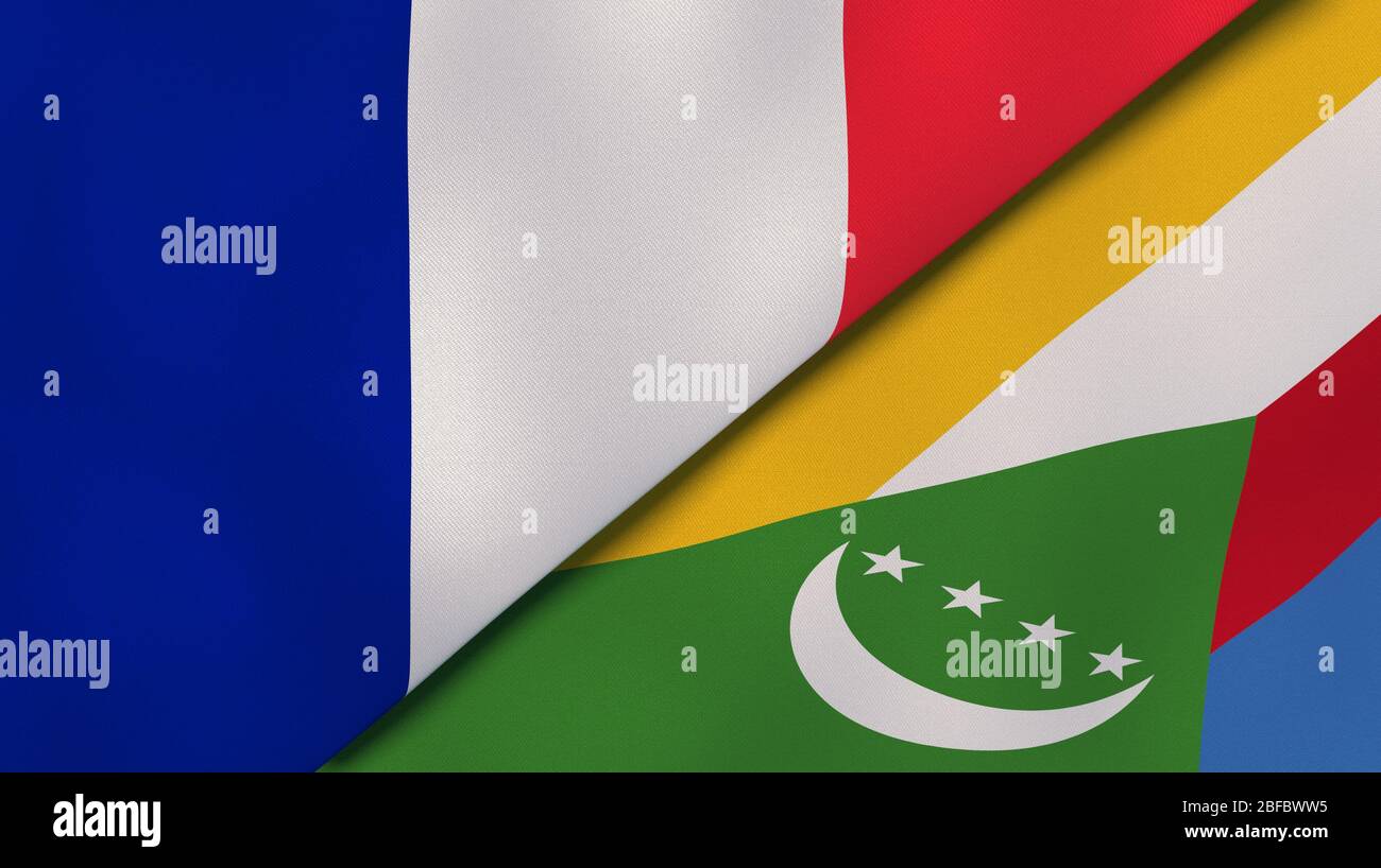 Two states flags of France and Comoros. High quality business background. 3d illustration Stock Photo