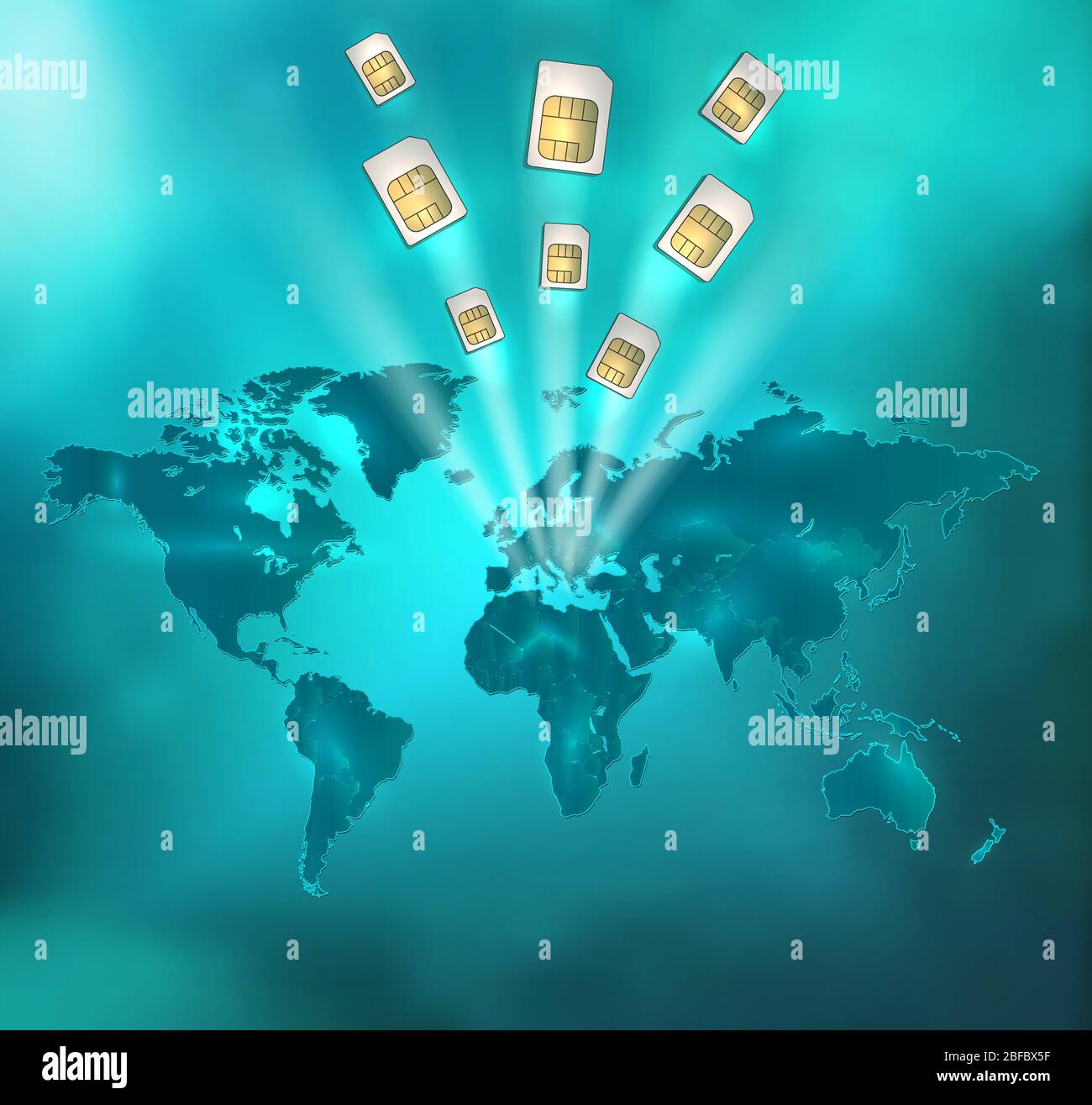 World map with separate states and sim cards in glowing magic light on celestial background vector Stock Vector