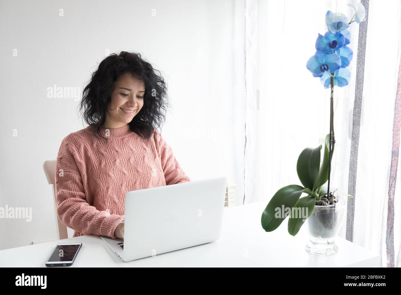 Woman works from home with the computer Stock Photo
