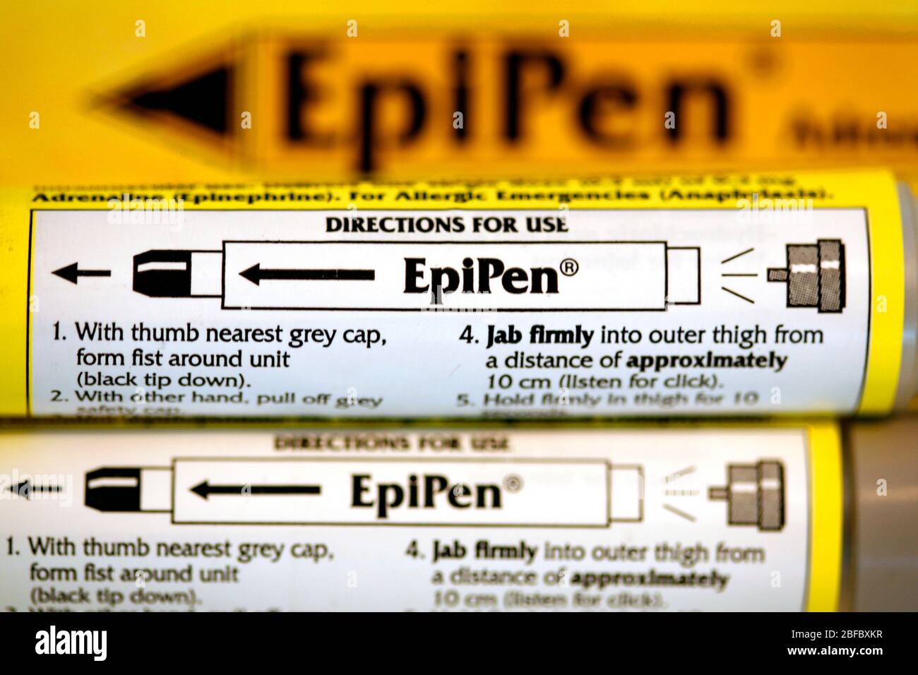 Two EpiPens, the most commonly used auto-injector of adrenaline for treating anaphylactic shock. They are commonly carried by persons with severe alle Stock Photo